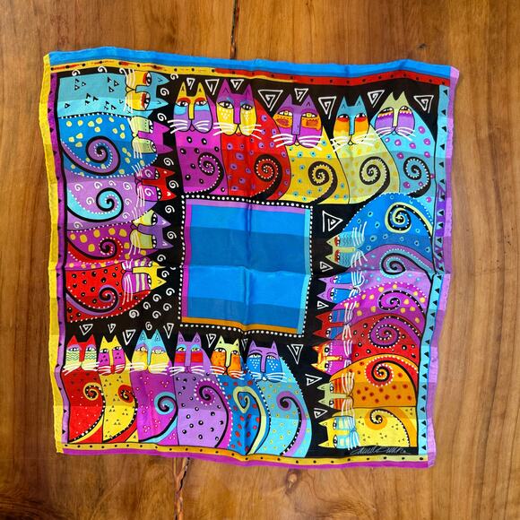 Laurel Burch Scarf Vibrant Bright Floral Square Silk Cats Multicolor 20 x 20 L12 - Picture 1 of 3